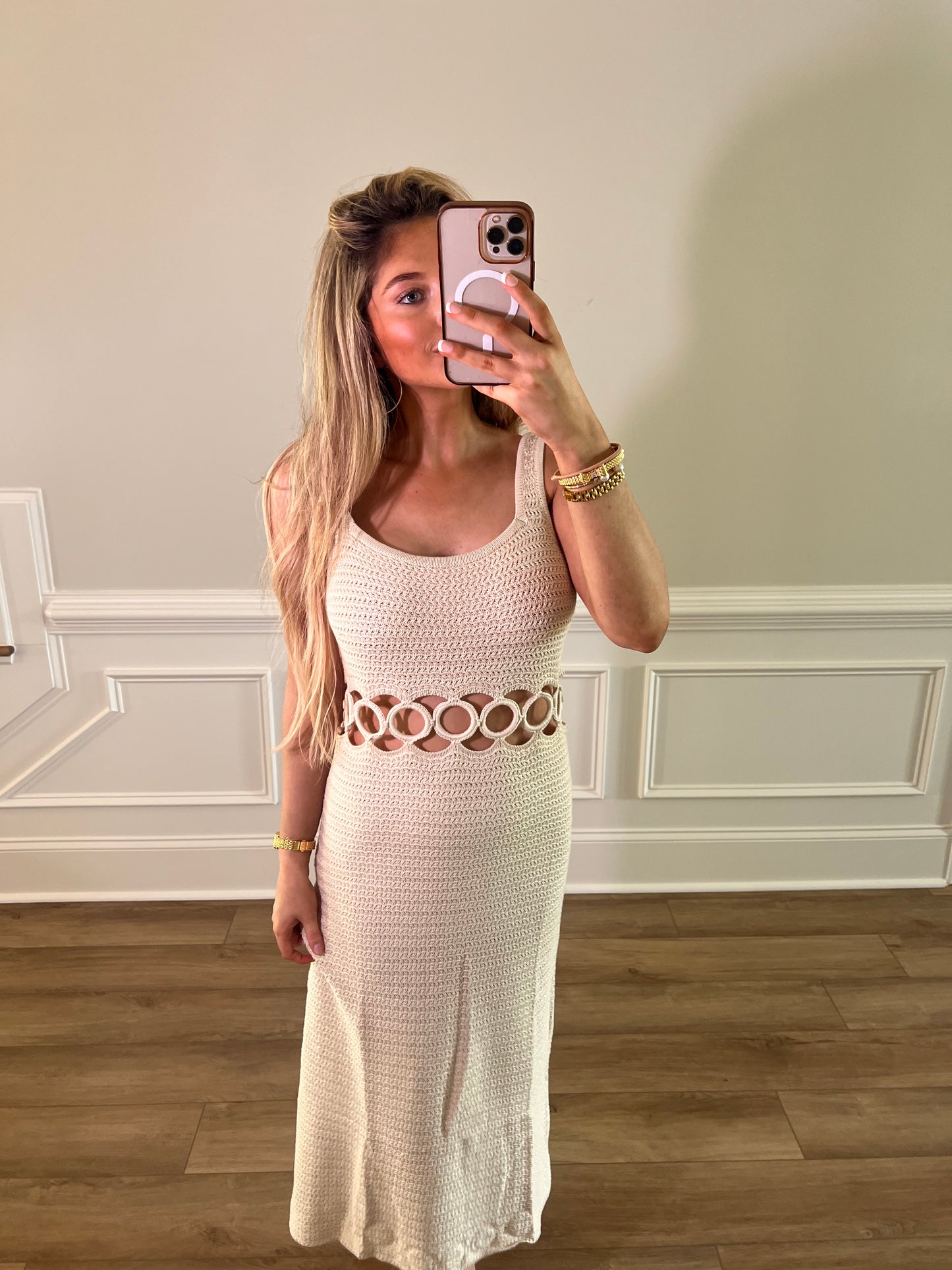 Sandy Crochet Midi Dress - NUDE
