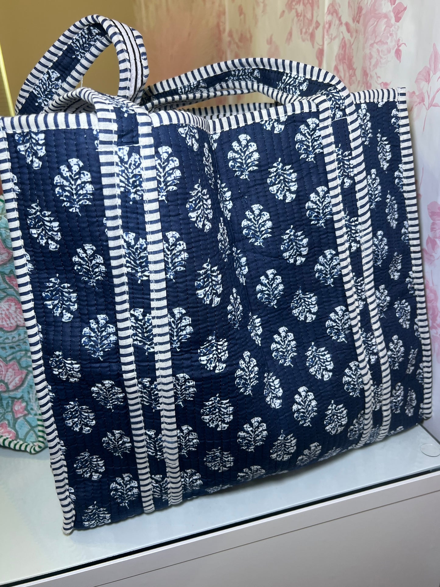 Quilted Tote Bag - Navy and White