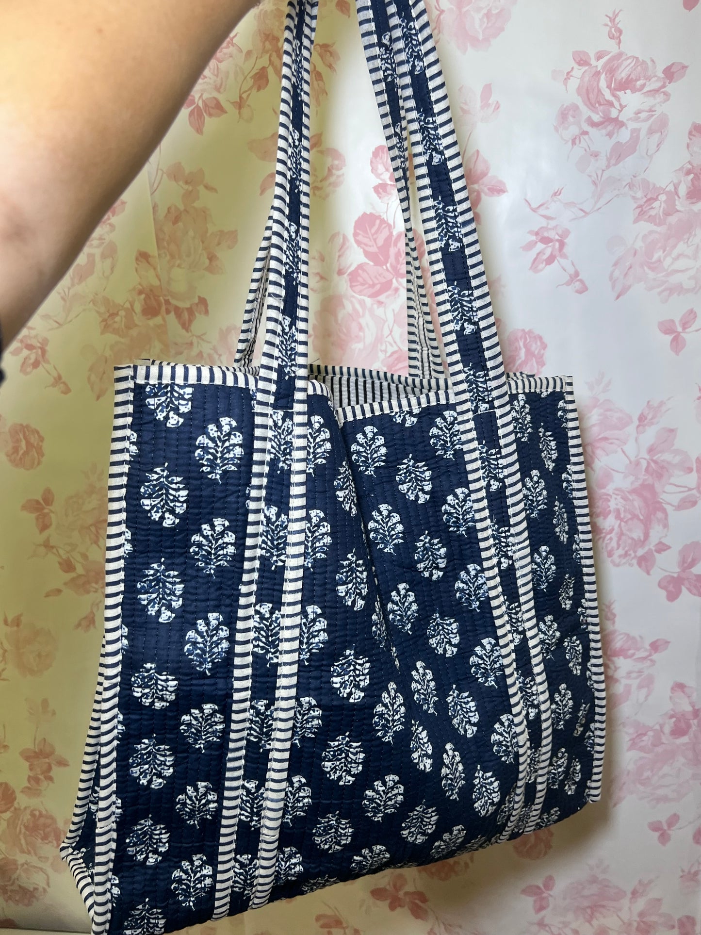 Quilted Tote Bag - Navy and White