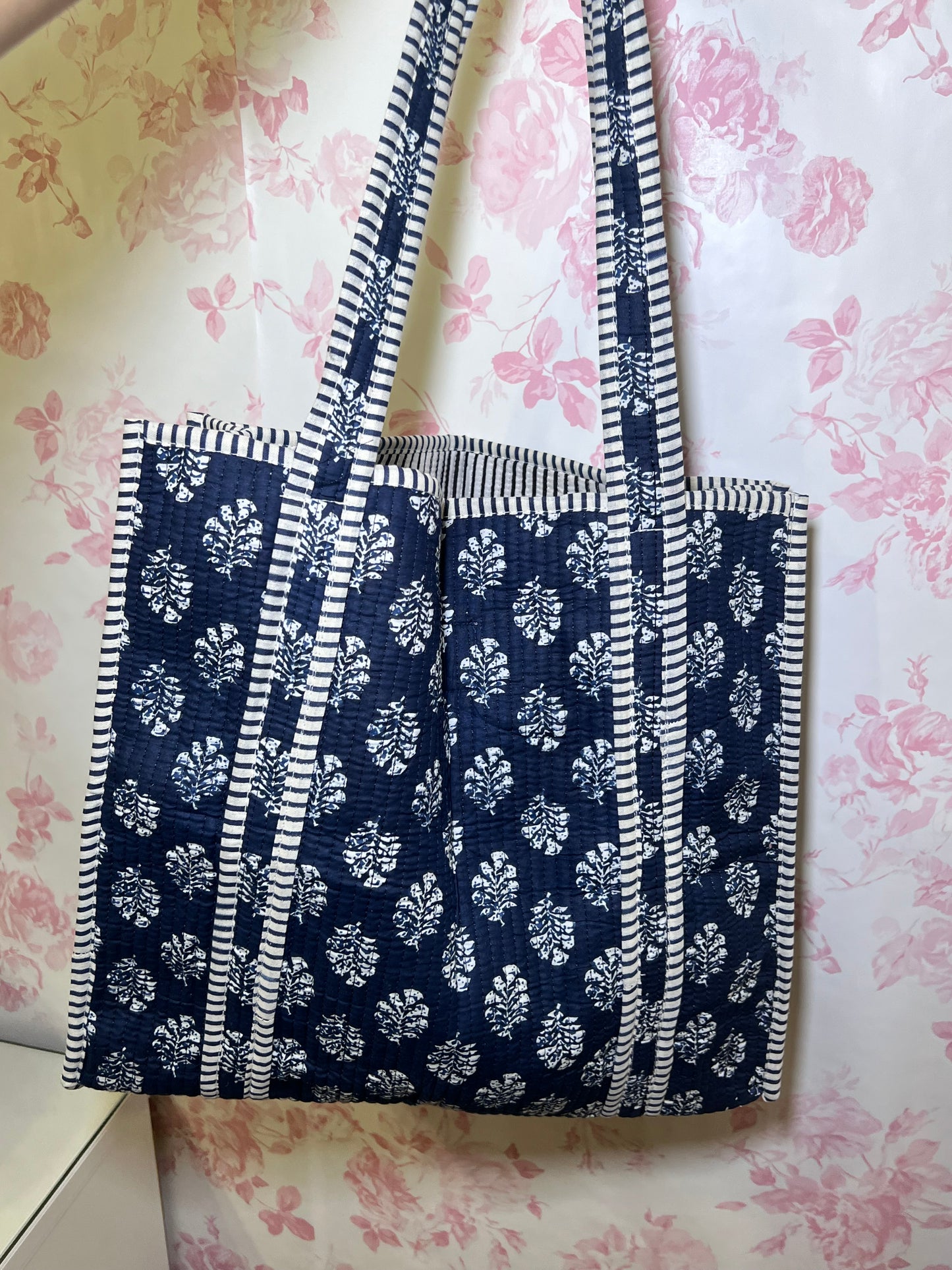 Quilted Tote Bag - Navy and White
