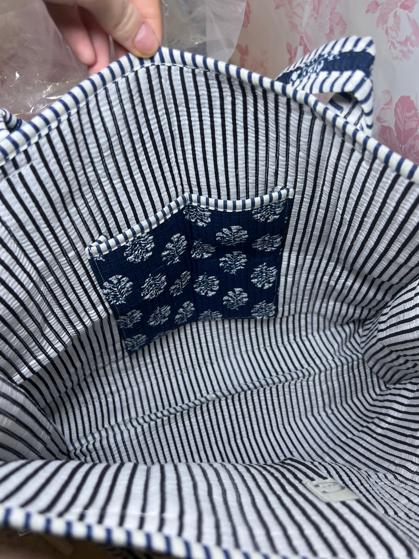 Quilted Tote Bag - Navy and White