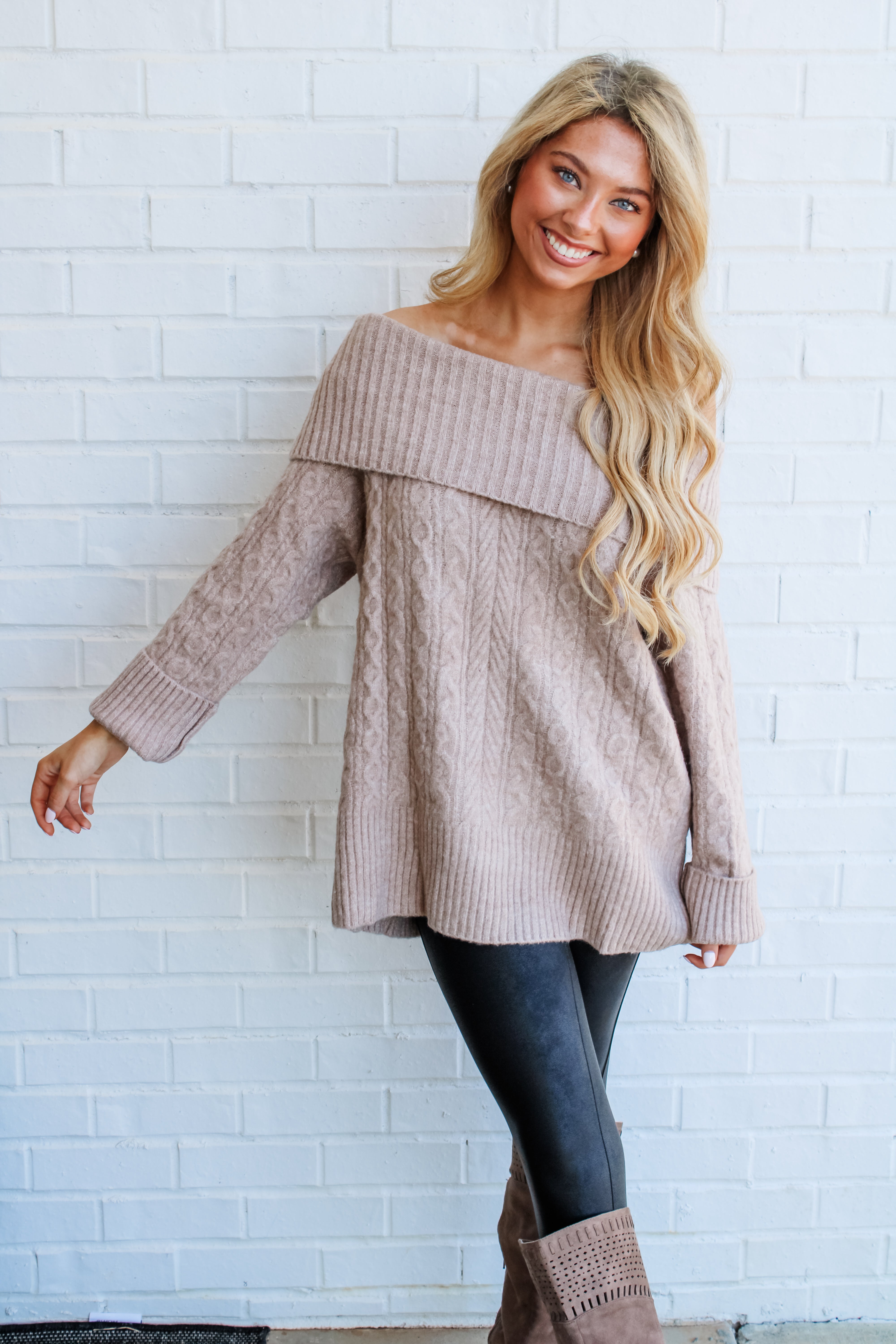 Mocha Off Shoulder Knit Sweater – Threaded Collections