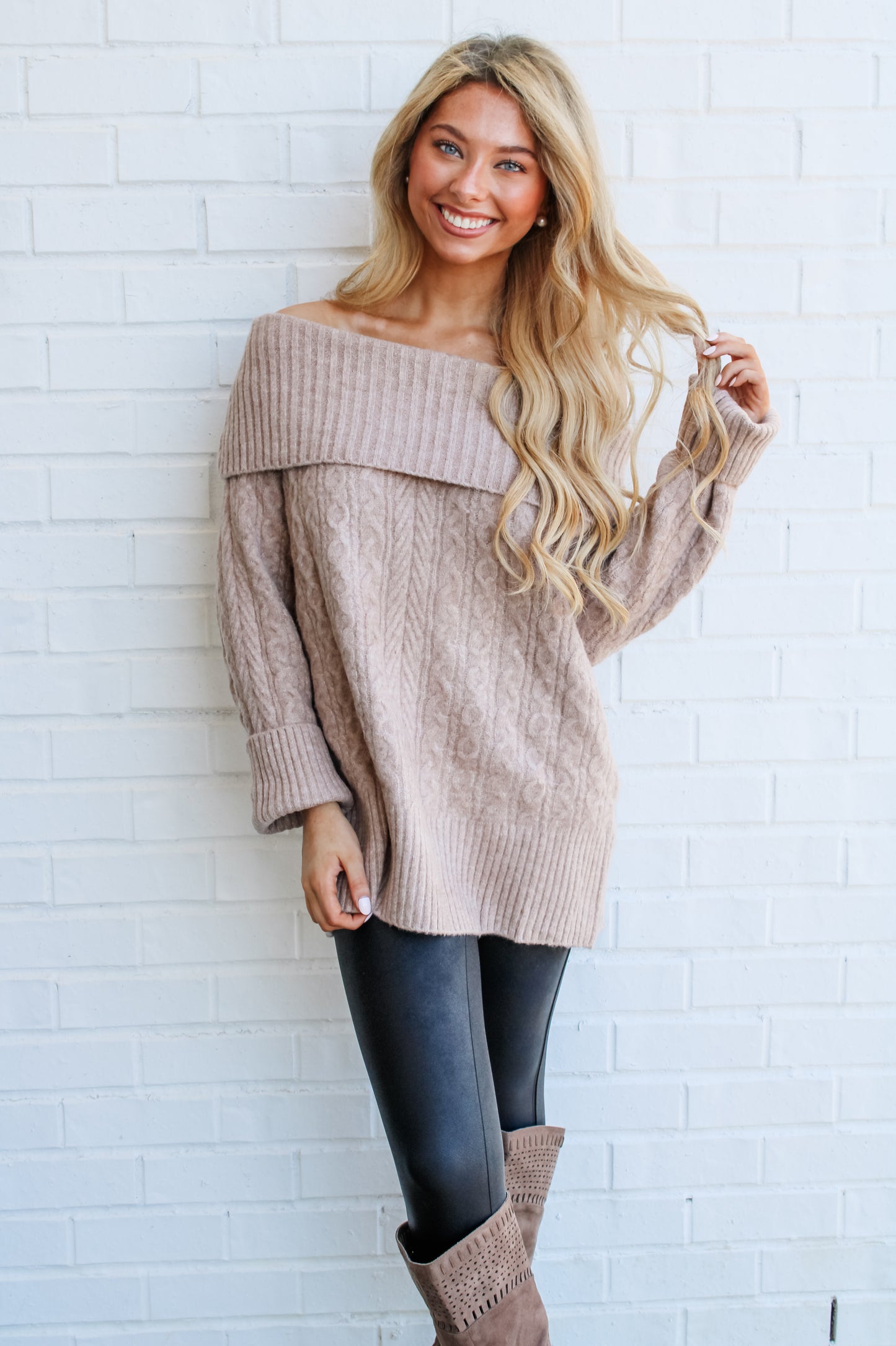 Mocha Off Shoulder Knit Sweater