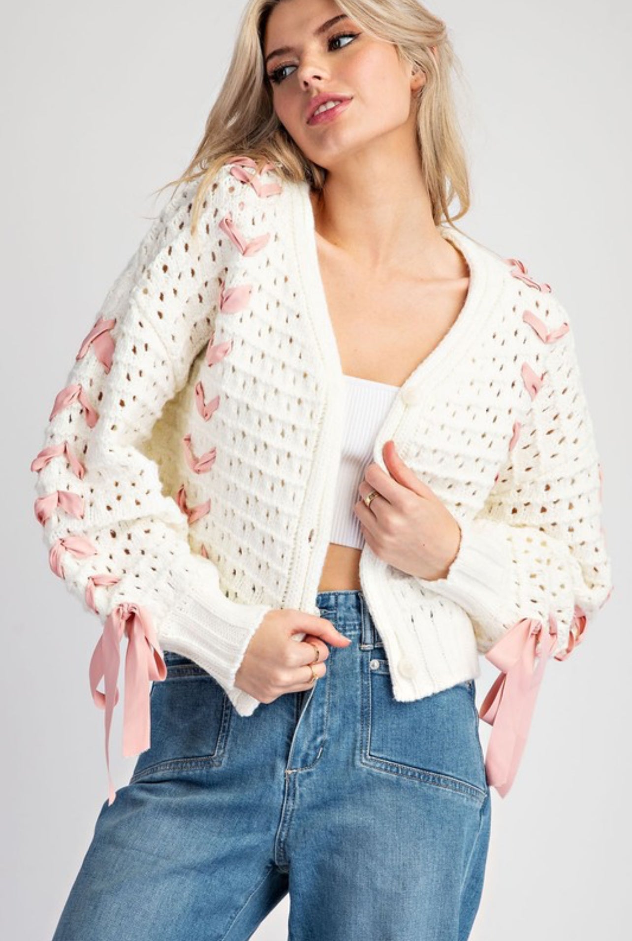 Macy Ribbon Sweater - Pink and Ivory