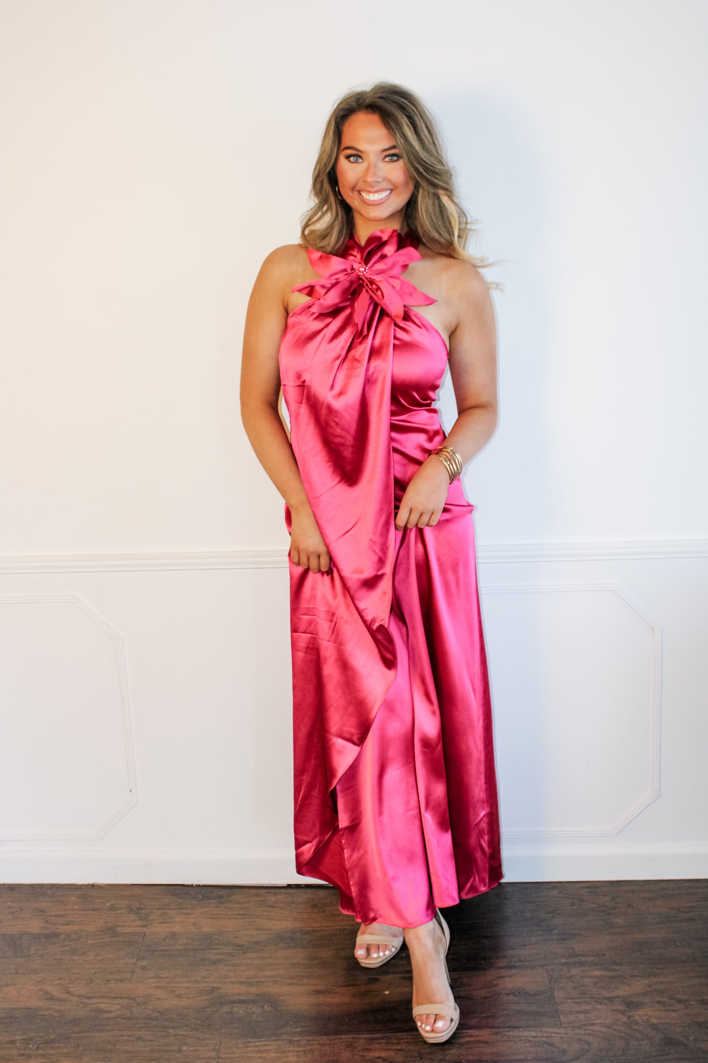 Lainey Satin Maxi Dress w/ Floral Appliqué