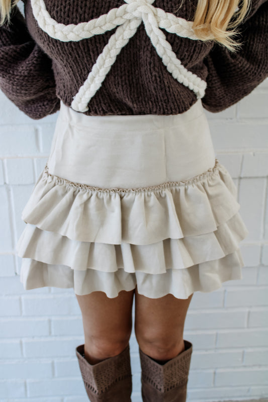 Ecru Suede Ruffle Skirt