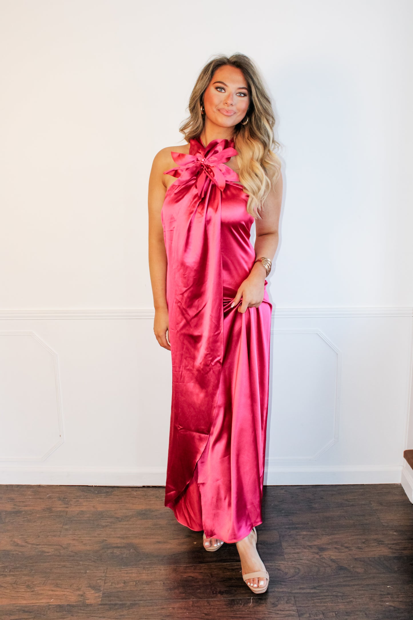 Lainey Satin Maxi Dress w/ Floral Appliqué