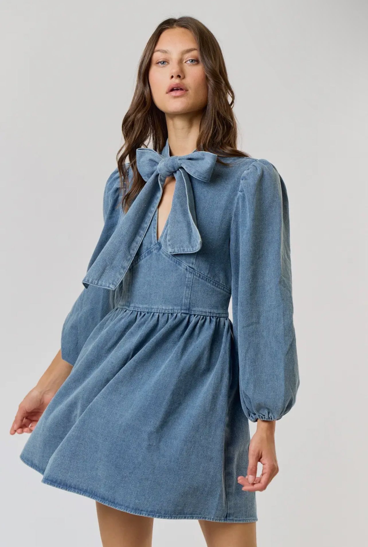 Denim Babydoll Dress With Bow