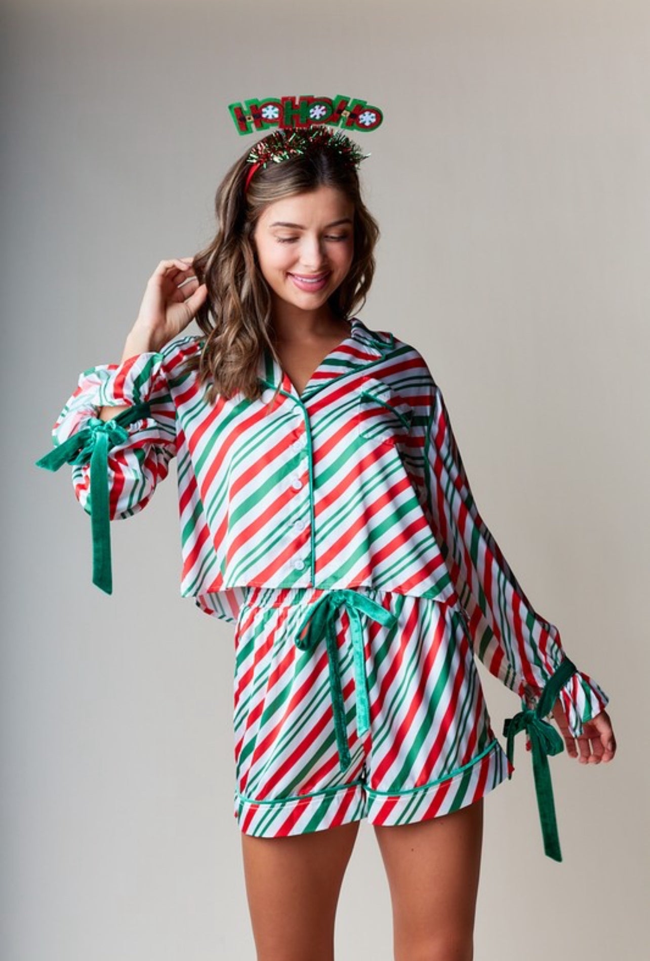 Green and White Striped Satin Pajamas