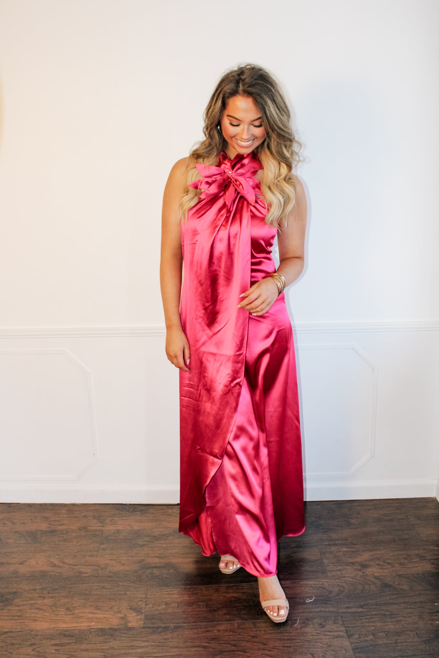Lainey Satin Maxi Dress w/ Floral Appliqué