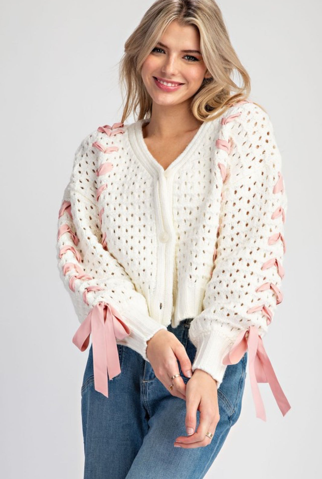 Macy Ribbon Sweater - Pink and Ivory