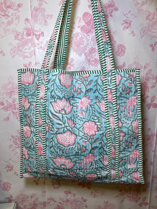 Quilted Tote Bag - Pink and Blue