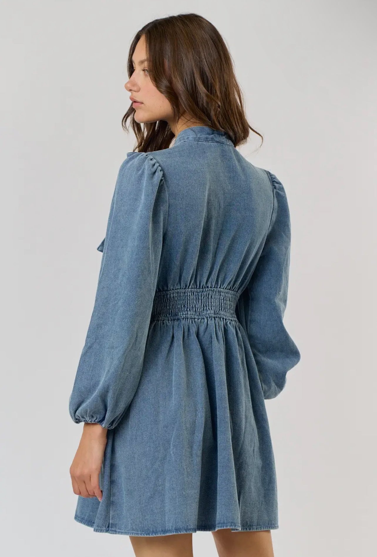 Denim Babydoll Dress With Bow