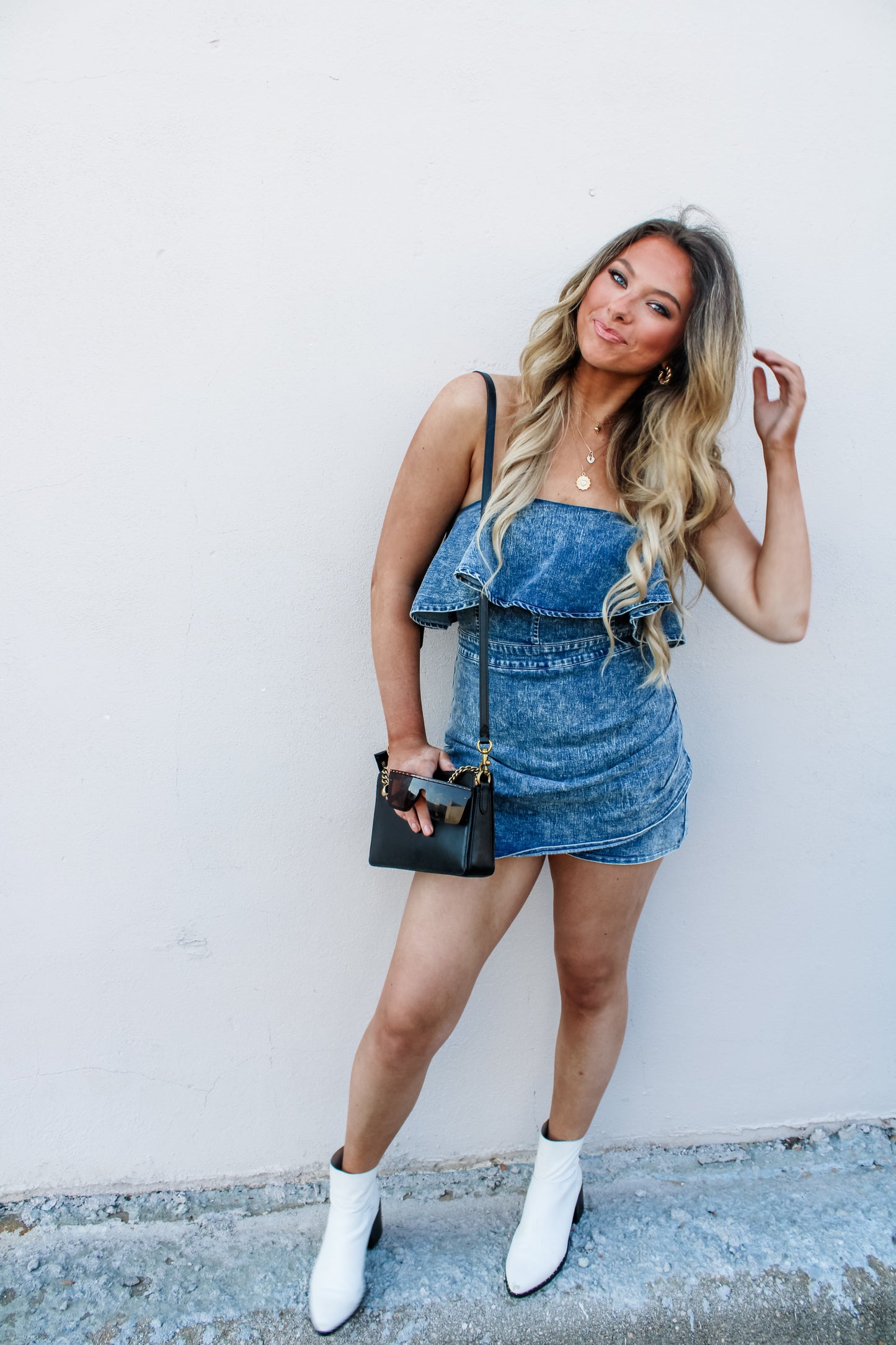 Ava Ruffle Denim Romper