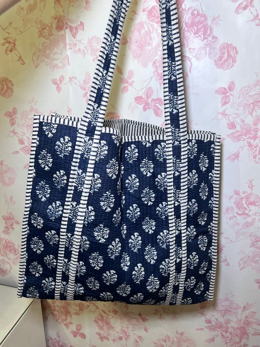 Quilted Tote Bag - Navy and White