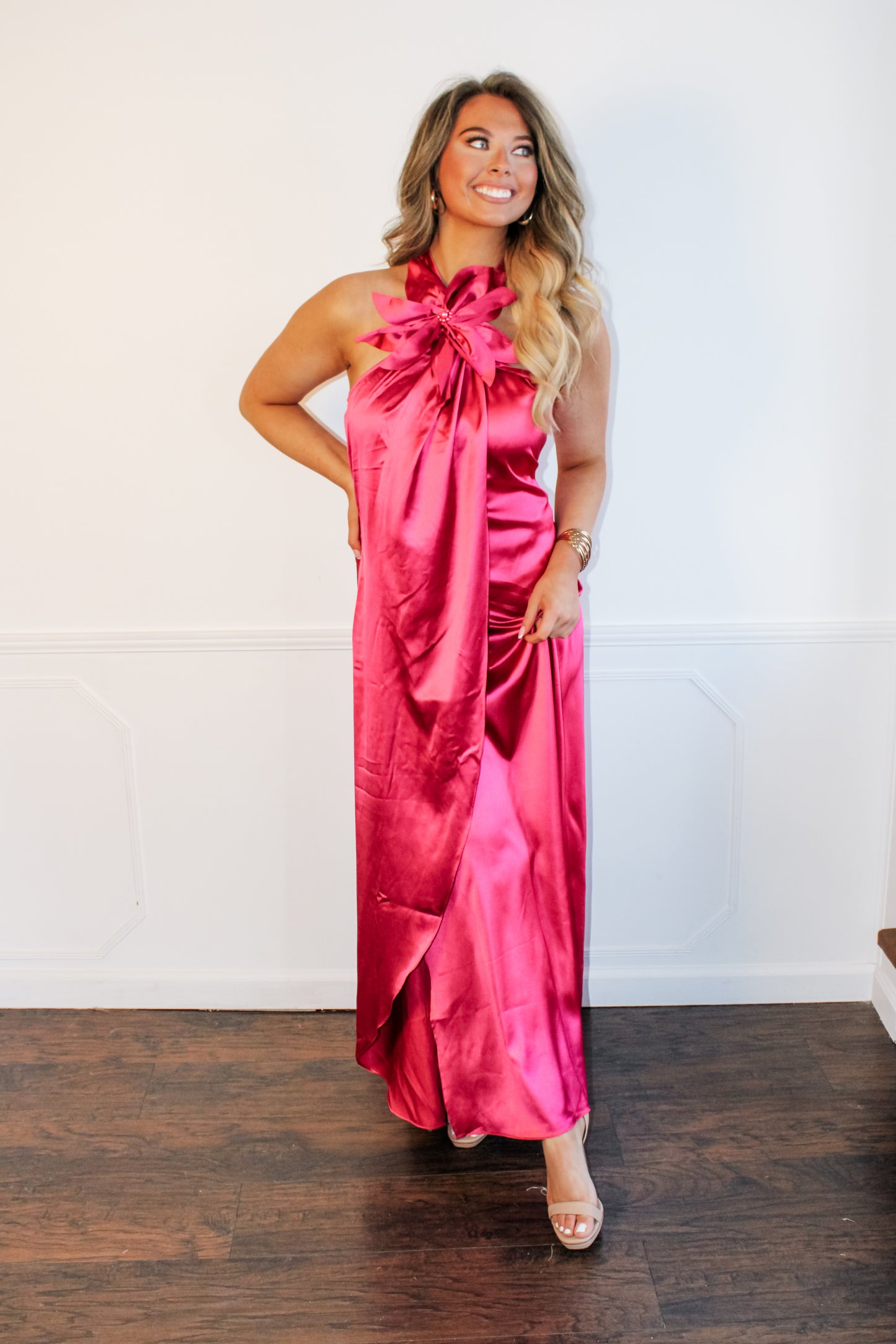 Lainey Satin Maxi Dress w/ Floral Appliqué