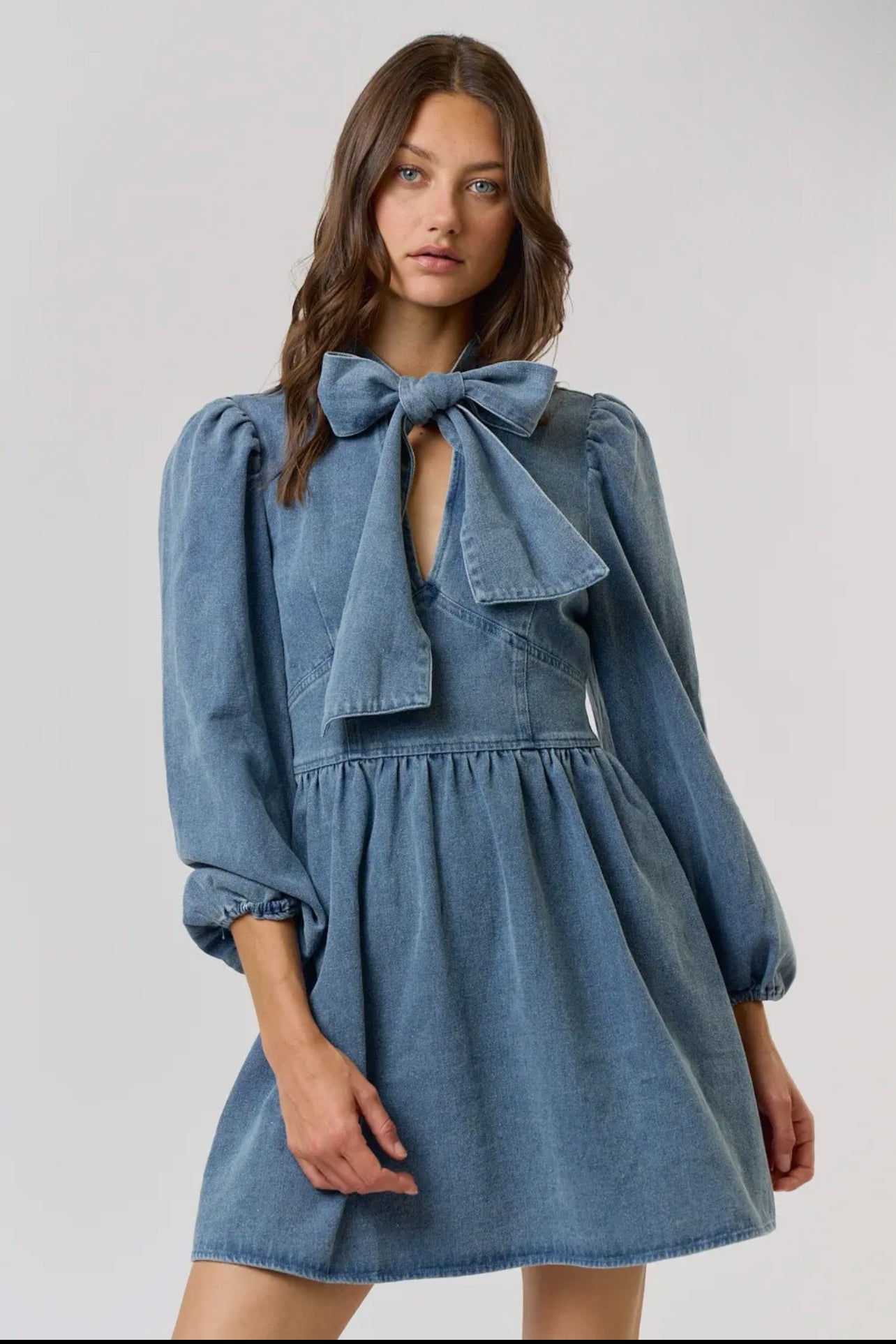 Denim Babydoll Dress With Bow