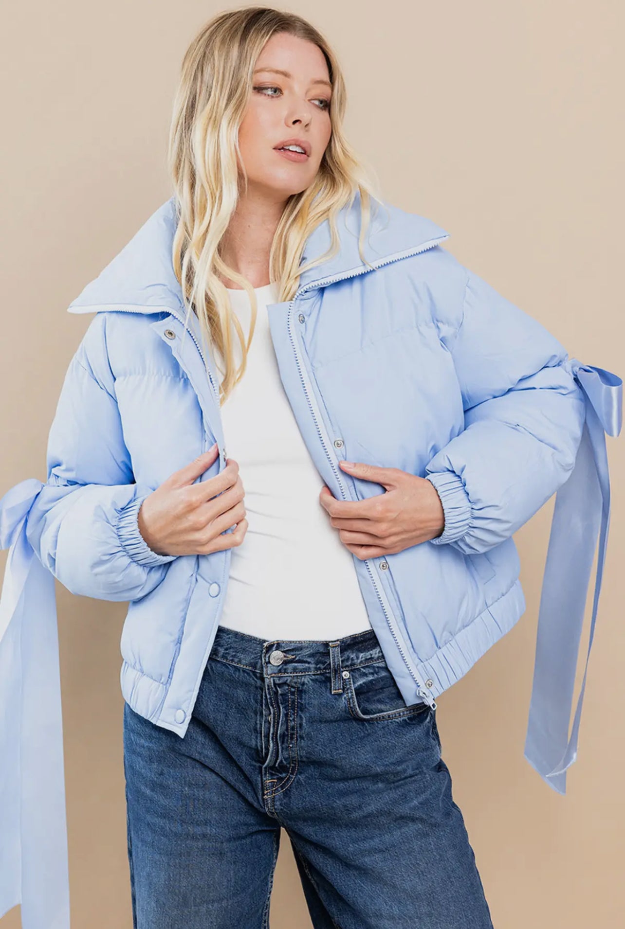 Light Blue Puffer Jacket With Ribbon